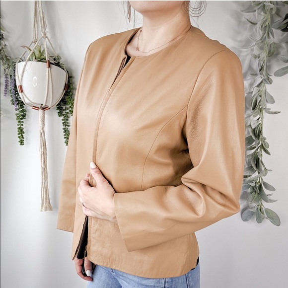 YVONNE MARIE Jacket Tan Ivory Leather Zip Up 0062 - Picture 4 of 6